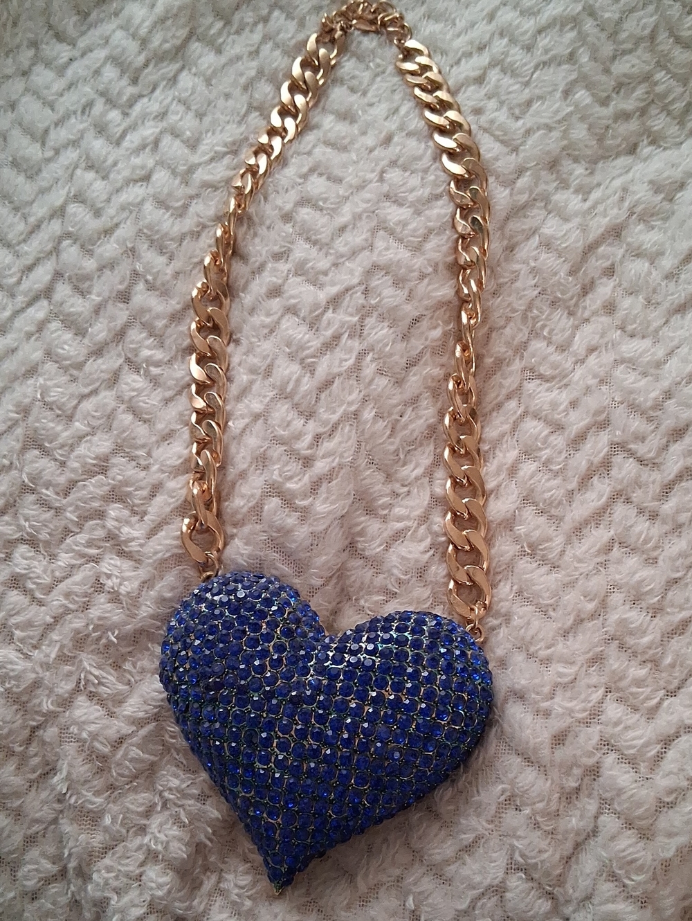 Gold-Tone Chain Necklace with Royal Blue Crystal Heart Pendant